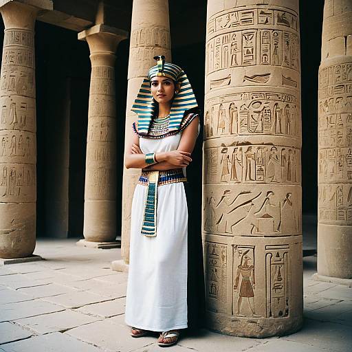 Photograph of an Egyptian woman in traditional garb, standing with arms crossed, leaning against an ancient pillar with hieroglyphs.