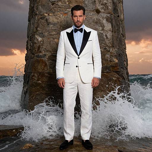 Photograph of a bearded man in a white tuxedo with black lapels, standing against a rocky pier with crashing waves and a sunset sky