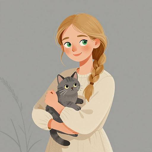 Charming Young Girl with Kitten Illustration