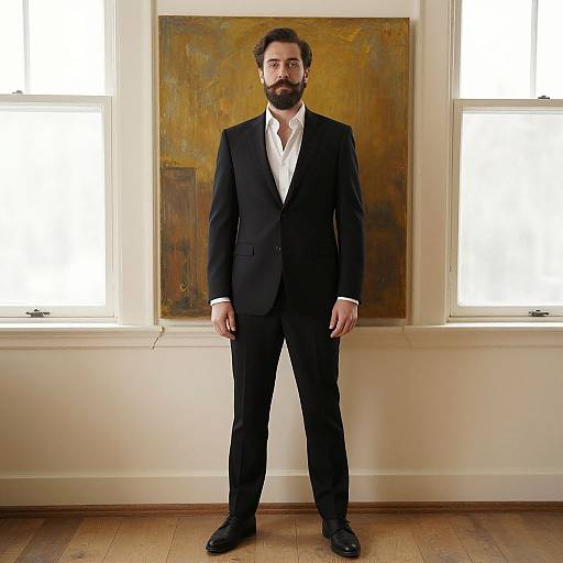 Photograph of a bearded man with dark hair, wearing a black suit and white shirt, standing in front of a yellow-toned abstract painting,