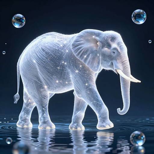 Glowing, wireframe elephant with sparkling highlights walks on water, surrounded by floating bubbles in a dark blue background. Digital art.