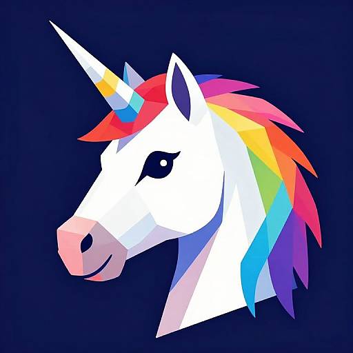 Digital illustration of a vibrant white unicorn with a rainbow mane and multicolored horn, set against a solid dark blue background.