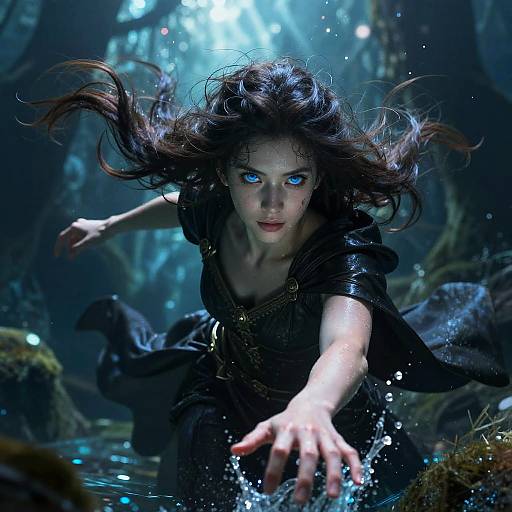 Digital fantasy artwork of a fierce, blue-eyed woman with long, wild black hair, reaching forward in a dark, mystical forest. Water splashes around