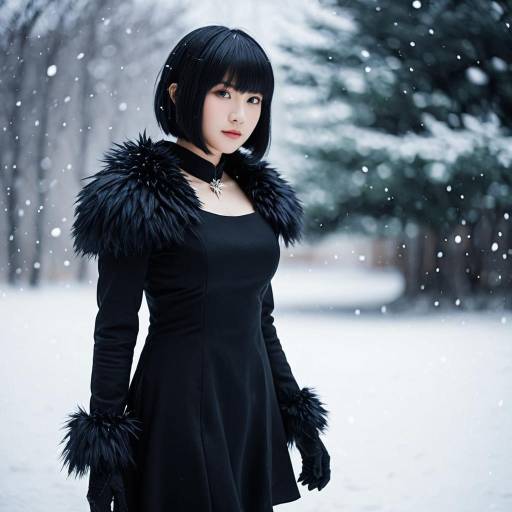 Cosplay Woman in Black Dress with Fur Collar in Snow