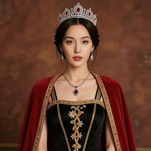 Photograph of an Asian woman with fair skin, black hair in a bun, wearing a silver tiara, red velvet cape, black corset with