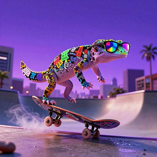 Vaporwave Gecko in Neon Skate Park