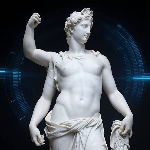 Photograph of a white marble classical statue of a muscular, nude woman with curly hair, flexing her right arm, draped in a cloth, against