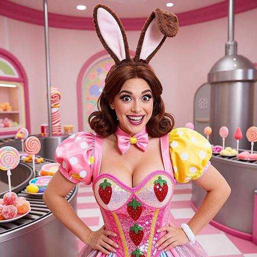 Digital CGI image of a smiling woman with brown hair, bunny ears, pink dress, strawberry embellishments, and yellow puffed sleeves, standing in a