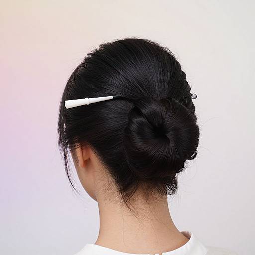 Photograph of an Asian woman with black hair in a neat, low bun, secured with a white hairpin, against a plain white background.