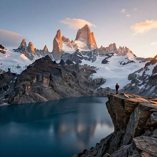 Photograph of a lone hiker standing on a rocky cliff, overlooking snow-capped mountains with jagged peaks, reflecting in a calm lake at sunrise