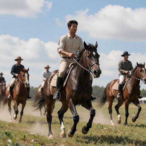 Focused Rider Galloping Across Field