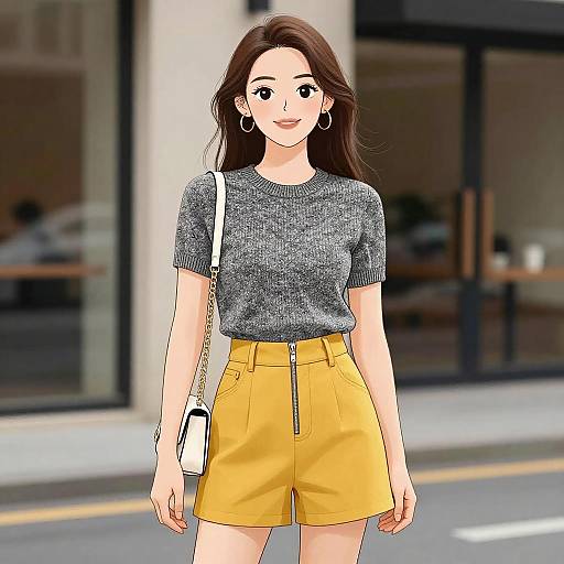 Digital illustration of a young Asian woman with long brown hair, wearing a gray knit top and yellow high-waisted shorts, white shoulder bag, standing