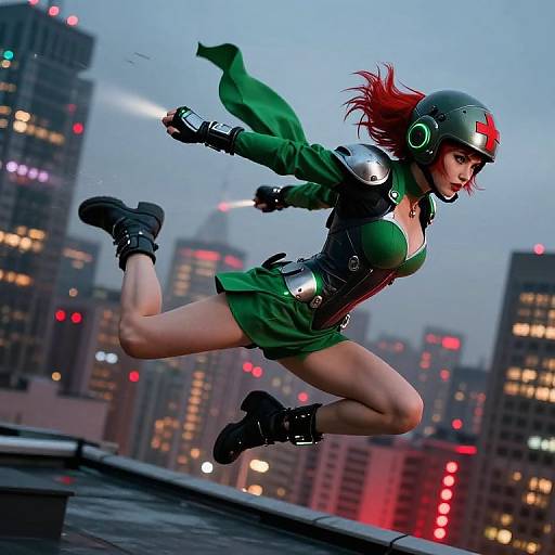 Digital artwork of a red-haired, green-uniformed female superhero mid-leap against a twilight cityscape, with skyscrapers and illuminated windows.