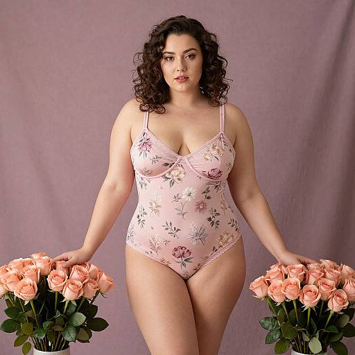 Photograph of a curvy, fair-skinned woman with curly brown hair wearing a pink floral lace bodysuit, standing between two bouquets of