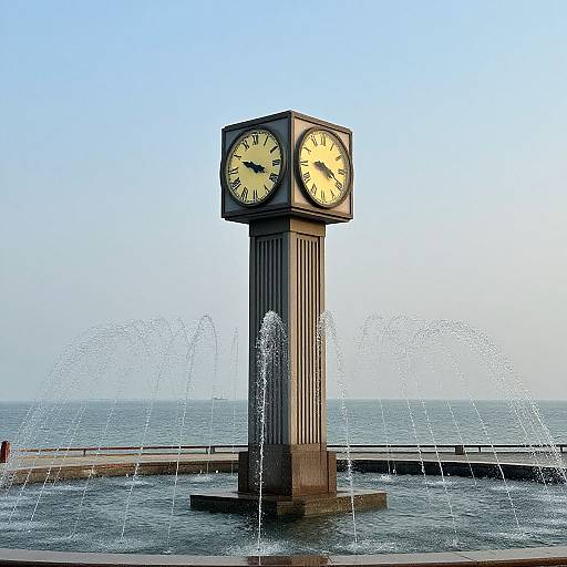 Photograph of a clock tower with two black and white faces, surrounded by water fountains, against a clear blue sky.