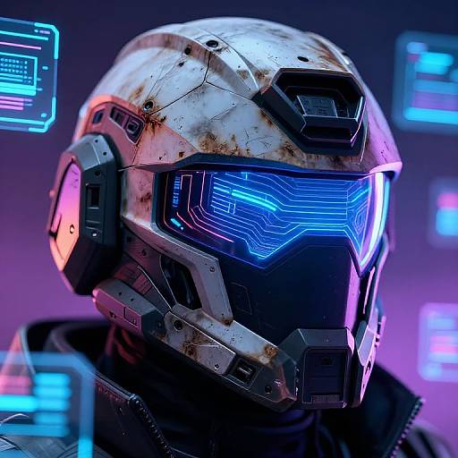 Photorealistic CGI of a futuristic, armored soldier with a white, rust-streaked helmet featuring glowing blue visor and neon-lit background.