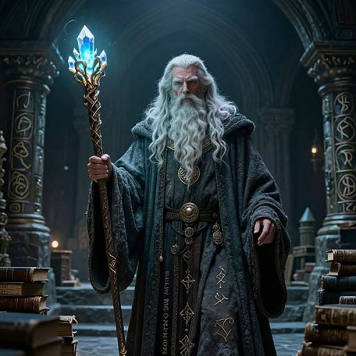 Photorealistic digital artwork of a stern, white-bearded wizard with long hair, holding a glowing blue crystal staff in a dark, gothic library
