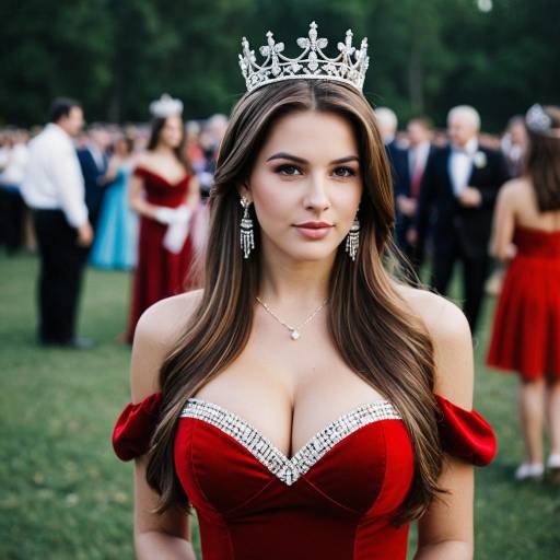 Young Woman in Red Dress with Crown Outdoors