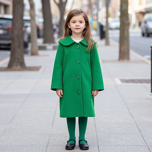 Photograph of a young girl with light brown hair, wearing a green coat, matching green tights, and black shoes, standing on a city sidewalk