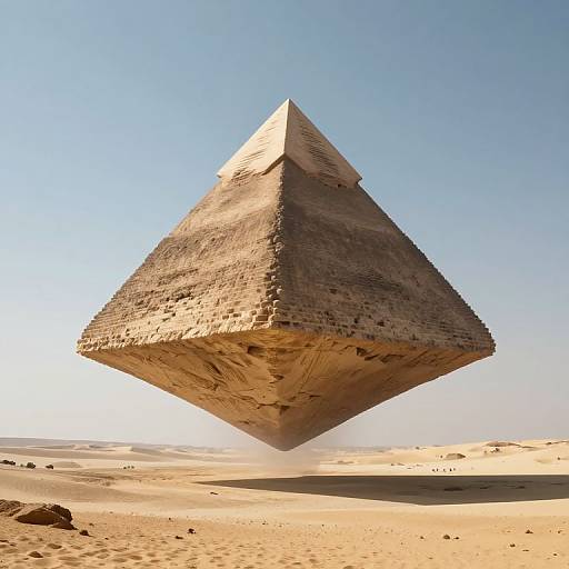 Photograph of a massive, floating, pyramid-shaped stone structure in a vast, sandy desert under a clear blue sky.