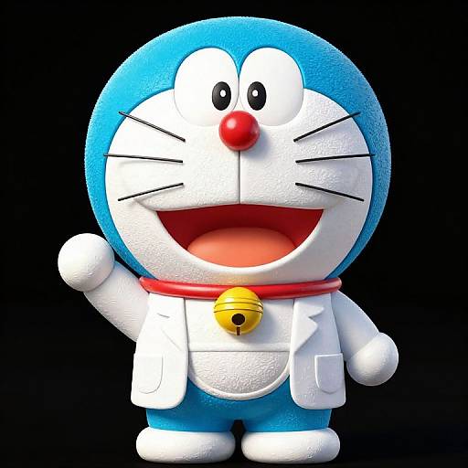 CGI image of Doraemon, a blue and white robotic cat with a red nose, waving with a cheerful expression against a black background.
