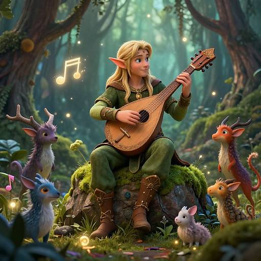 Digital artwork of a blonde elf girl with pointed ears, playing a lute in a magical forest, surrounded by colorful, fantasy creatures. Musical note floats