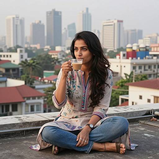 Photograph of a young Indian woman with long black hair, wearing a floral kurta and jeans, sipping a latte on a rooftop, with