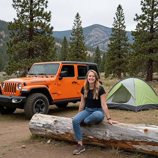 Photograph of a smiling woman with long blonde hair, wearing a black shirt and jeans, sitting on a log beside an orange Jeep and a green camping