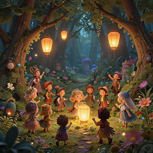 Whimsical forest scene with fairy-like children, lanterns glowing, surrounded by vibrant flowers and dense trees, illuminated by a central light. Digital artwork