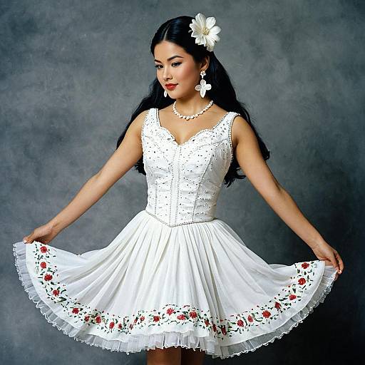 Woman in White Tarantella Dress with Floral Embroidery