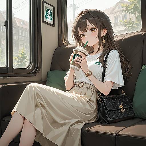 Serene Moment: Japanese Woman at Starbucks