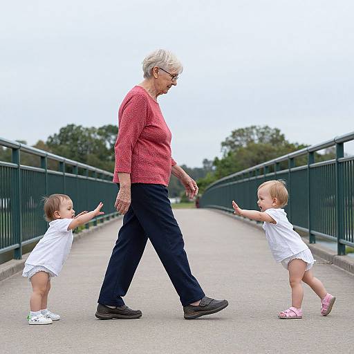 Photograph of an elderly woman with short gray hair, wearing a red sweater and black pants, walking on a bridge while two toddlers in white clothes reach