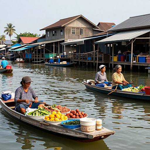 Photograph of two wooden boats on a waterway in a bustling floating market with vendors selling vegetables, fruits, and goods; rustic wooden buildings with roofs