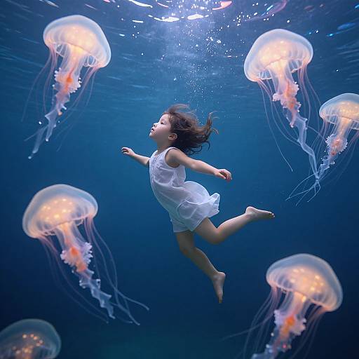Photograph of a young girl with dark hair, wearing a white dress, swimming underwater surrounded by glowing jellyfish in a deep blue ocean.