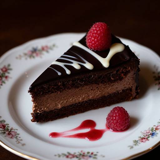 Photograph of a rich, chocolate layer cake slice with white drizzle, topped with a raspberry, on a floral plate with raspberry sauce.