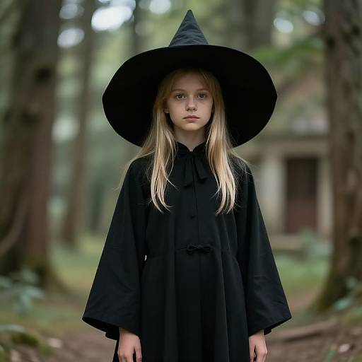 Photograph of a young blonde girl with blue eyes, wearing a large black witch hat and cloak, standing in a forest. Blurred trees and green