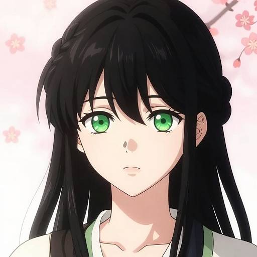 Anime-style digital drawing of a young woman with long black hair, green eyes, and a serious expression, wearing a white and green top, set against
