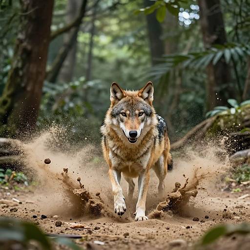 Photograph of a powerful, gray and brown wolf sprinting through a forest, kicking up dirt and leaves in its path.