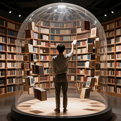 Photograph of a man in a suit standing in a glass dome, reaching for books on illuminated bookshelves in a library.