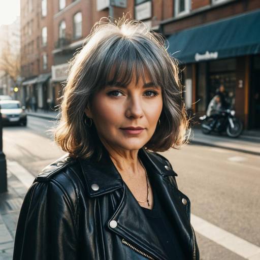 Older Woman with Curtain Bangs in Leather Jacket