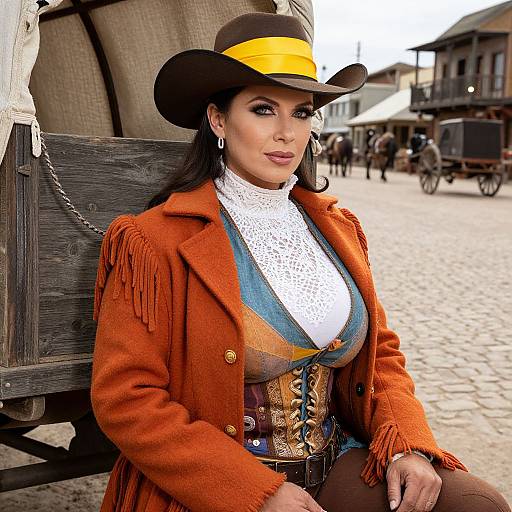Photograph of a Latina woman in a cowboy hat, orange fringed coat, white lace top, and colorful corset, seated by a wagon in