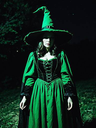 Woman in Green Witch Costume at Night