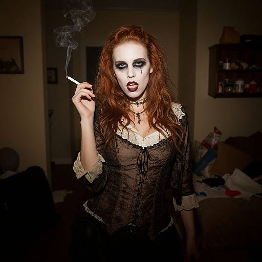 Photograph of a pale, red-haired woman with dramatic black eye makeup, wearing a black lace corset, smoking a cigarette in a dimly lit