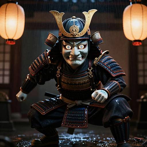 Clockwork Samurai in Rainy Lantern Light