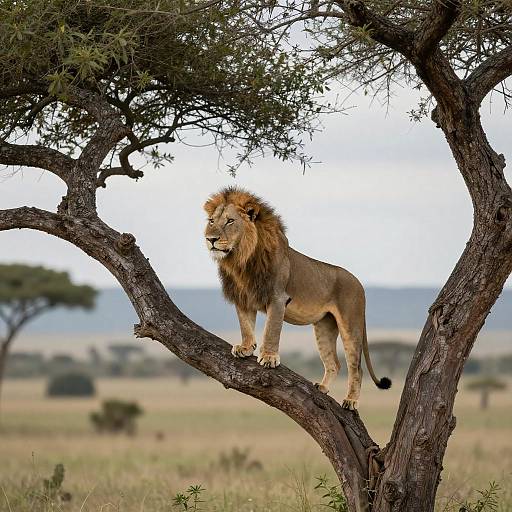 Lion Standing on Tree Branch in Savanna