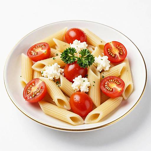 Photograph of a white plate with penne pasta, cherry tomatoes, crumbled white cheese, and fresh parsley, garnished with a gold rim.