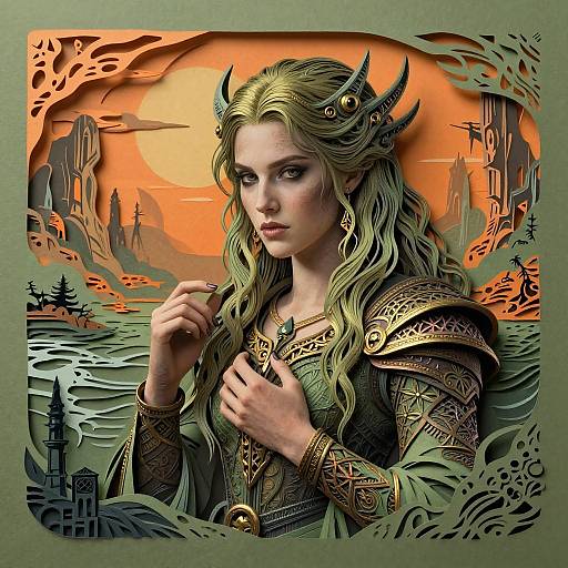 Digital fantasy artwork of a fierce, blonde, green-eyed woman with horns, wearing ornate armor, against an orange sunset sea and castle backdrop.