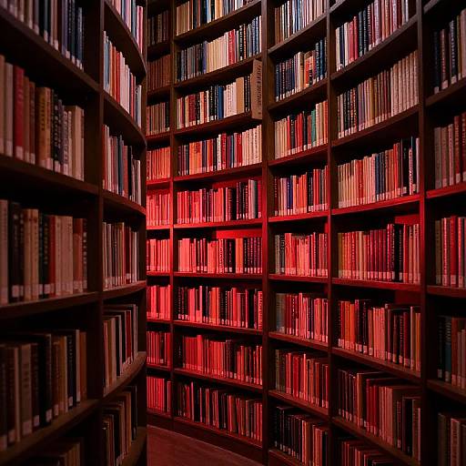 Photograph of a library with tall, curved wooden bookshelves filled with books, illuminated by red lighting, creating a warm, mysterious ambiance.