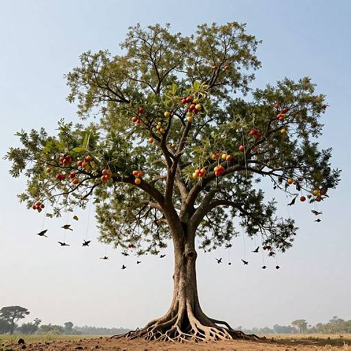 Photograph of a mature mango tree with green leaves and ripe red-orange mangoes, set against a clear blue sky, with its large, exposed roots