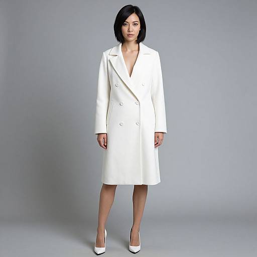 Photograph of an Asian woman with short black hair, wearing a white double-breasted coat, knee-length skirt, and white heels, standing against a